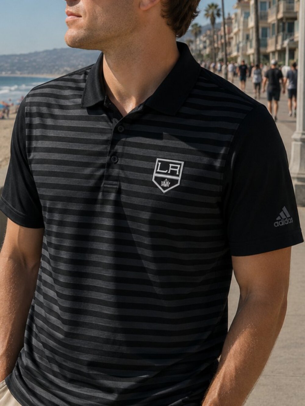 adidas Black & Gray Striped LA Kings Polo